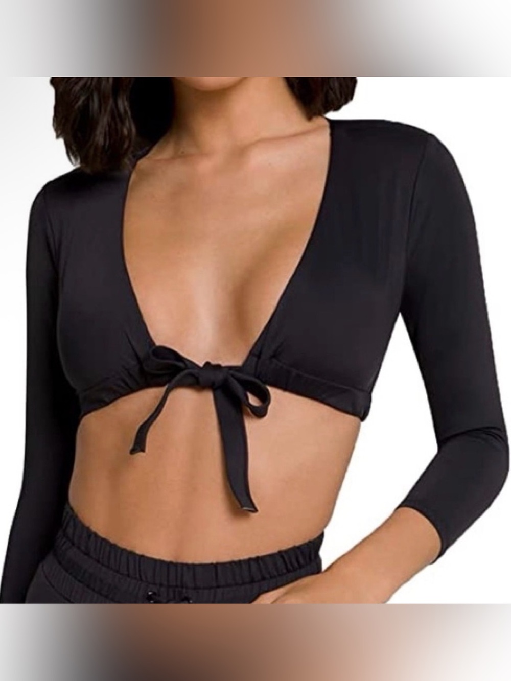 NWT Good American Sexy Boost 3/4 Sleeve Black Tie-Front Bikini Top Lg/3